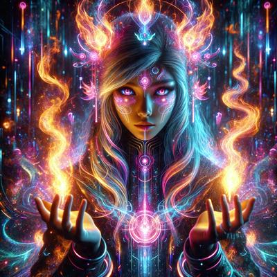 The primary subject of the image is a woman with long hair, wearing a black and purple outfit. She is holding a yellow ball in her hands. The setting is a colorful, digital art-like environment, with a backdrop of swirling colors and patterns. The visual style is a combination of digital art and illustration, creating a vibrant and lively atmosphere. The colors and mood of the image are predominantly bright and energetic, with the woman's outfit and the swirling colors contributing to the overall vividness of the scene.